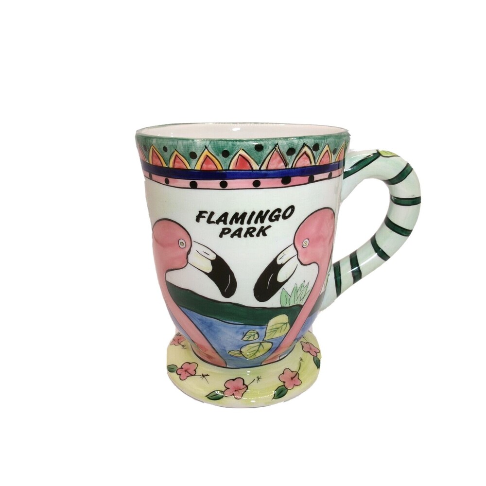 Vintage American Gift Flamingo Park Pedestal Coffee Cup Mug Hand Painted 16 oz
